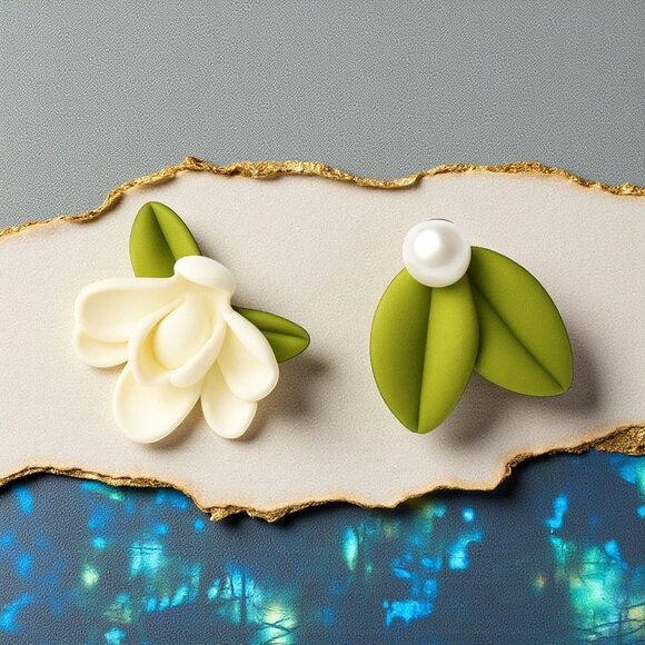 🆕️ Flower Faux Pearl Asymmetrical Cute Fashion Statement Trendy Stud Earrings - Picture 1 of 11